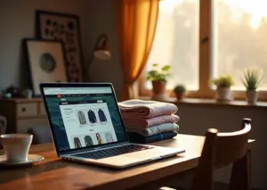 Изображение, показывающее ноутбук с сайтами Авито и Юла, окруженный подержанной техникой и вещами, символизирующее выгодную покупку и продажу на ресейл-платформах в России