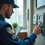 Техник проверяет счетчики воды и электроэнергии в современной квартире, демонстрируя безопасность и экономию