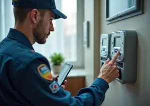 Техник проверяет счетчики воды и электроэнергии в современной квартире, демонстрируя безопасность и экономию