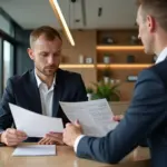 Клиент в банке изучает документы и отказывается от навязанных платных услуг
