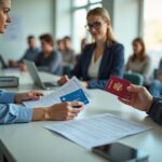 Пациент показывает полис ОМС на регистрации в поликлинике, рядом направление и смартфон с приложением