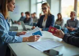 Пациент показывает полис ОМС на регистрации в поликлинике, рядом направление и смартфон с приложением