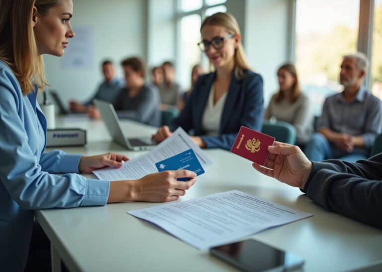 Пациент показывает полис ОМС на регистрации в поликлинике, рядом направление и смартфон с приложением