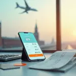 Смартфон с приложением поиска билетов, рядом бумажный ж/д билет, посадочный талон, банковская карта и знак скидки на фоне вокзала и самолёта