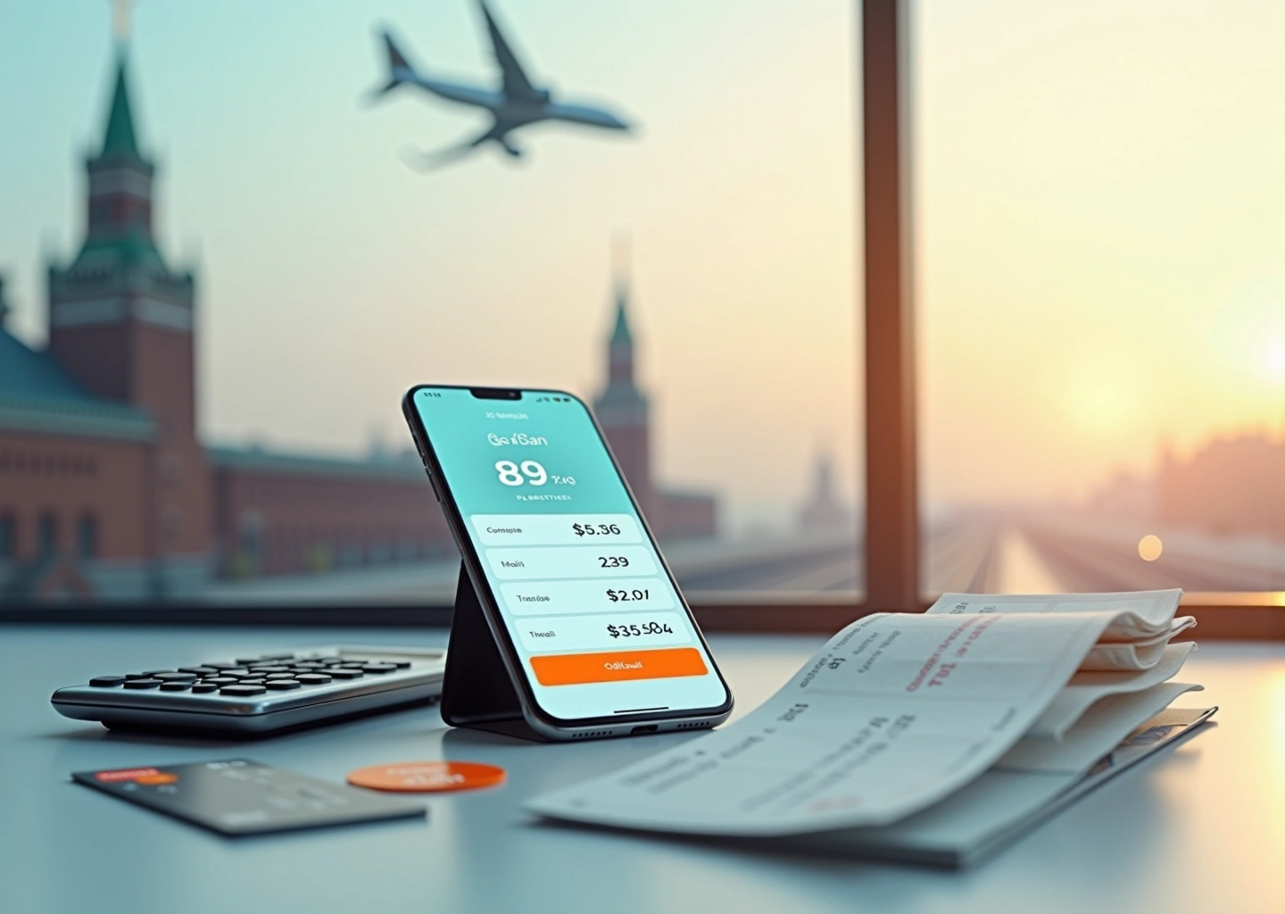 Смартфон с приложением поиска билетов, рядом бумажный ж/д билет, посадочный талон, банковская карта и знак скидки на фоне вокзала и самолёта