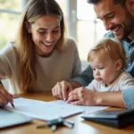 Семья с ребенком рассматривает документы по материнскому капиталу на столе рядом с ключами от квартиры и ноутбуком