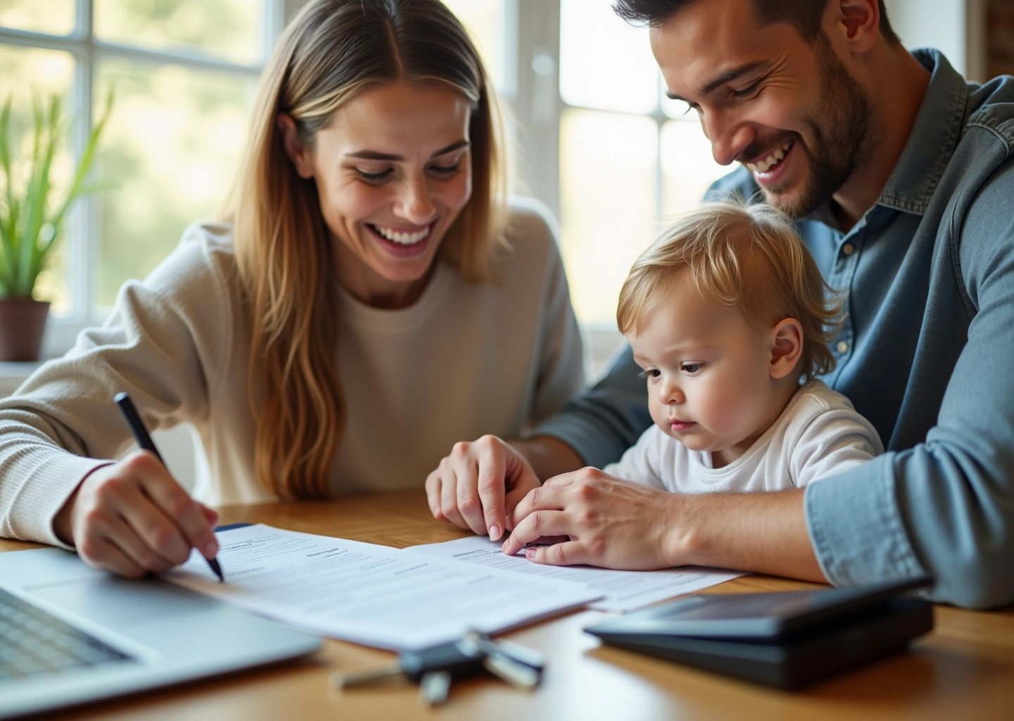 Семья с ребенком рассматривает документы по материнскому капиталу на столе рядом с ключами от квартиры и ноутбуком