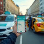 На переднем плане каршеринг‑автомобиль и такси в городской среде, человек смотрит в приложение на смартфоне, на заднем плане городской пейзаж