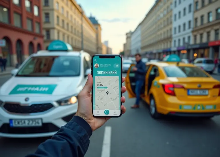 На переднем плане каршеринг‑автомобиль и такси в городской среде, человек смотрит в приложение на смартфоне, на заднем плане городской пейзаж