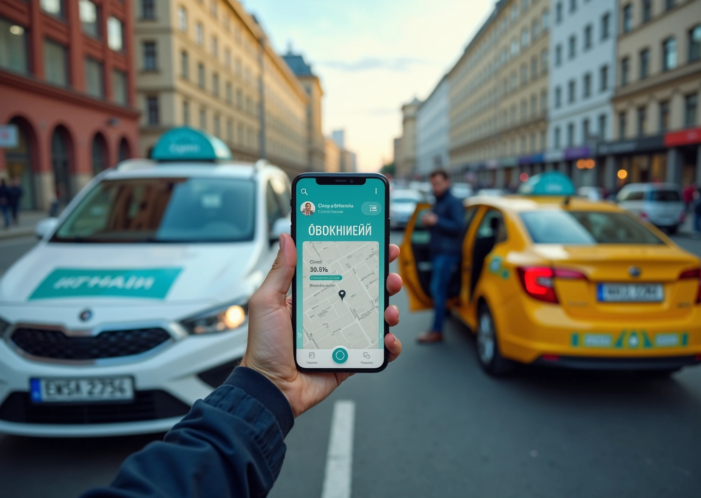 На переднем плане каршеринг‑автомобиль и такси в городской среде, человек смотрит в приложение на смартфоне, на заднем плане городской пейзаж