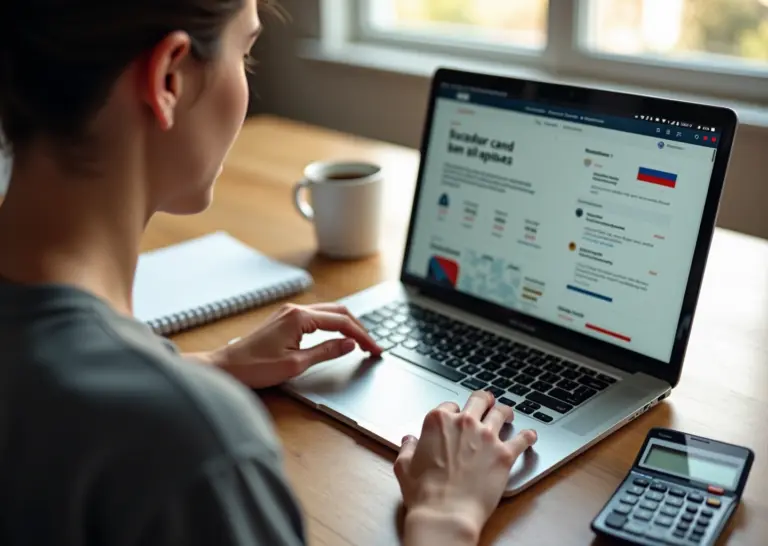 Фрилансер за ноутбуком показывает портфолио на экране, рядом чек и калькулятор символизируют экономию и заработок