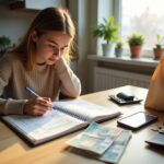 Человек за столом с ноутбуком, блокнотом, калькулятором, продуктами с ценниками и смартфоном с приложением для учёта расходов