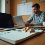 Человек за домашним рабочим столом: ноутбук, смартфон, блокнот с заголовком «15 идей подработки», товары для продажи и пометки в календаре — символы совмещения основной работы и дополнительного дохода