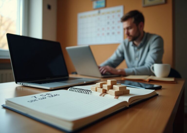 Человек за домашним рабочим столом: ноутбук, смартфон, блокнот с заголовком «15 идей подработки», товары для продажи и пометки в календаре — символы совмещения основной работы и дополнительного дохода