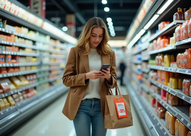 Современный покупатель в российском магазине с смартфоном сравнивает цены и читает отзывы о товарах