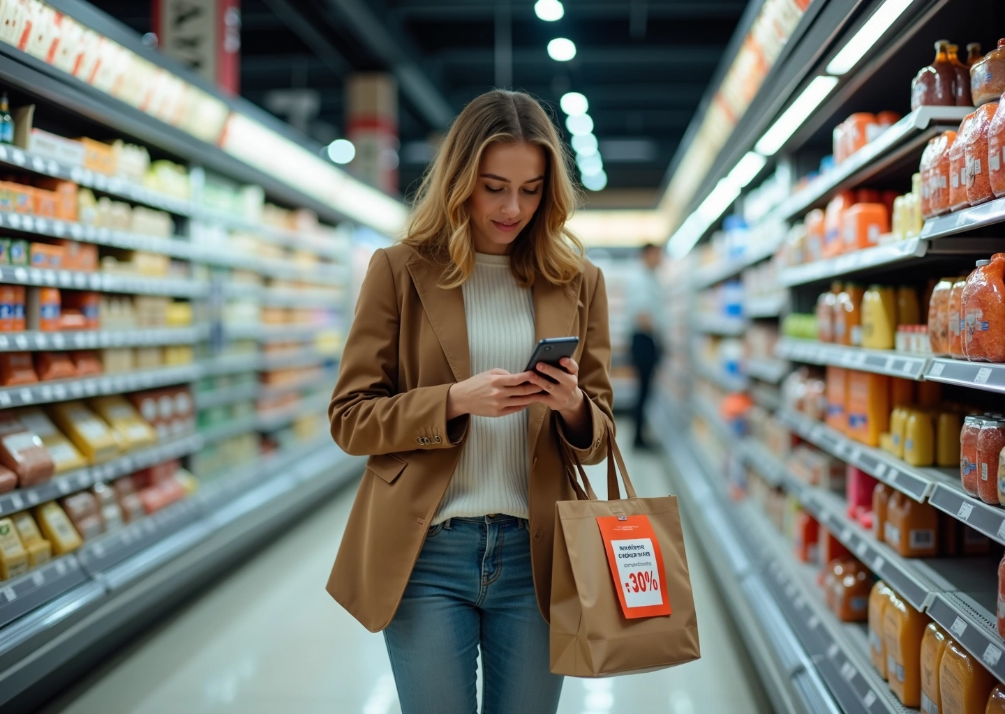 Современный покупатель в российском магазине с смартфоном сравнивает цены и читает отзывы о товарах