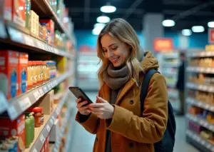 Покупатель сравнивает цены и качество товаров в современном российском супермаркете с видимыми скидками и программами лояльности