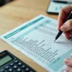 Рука держит квитанцию за ЖКУ с выделенными строками и сокращениями на фоне калькулятора и ручки