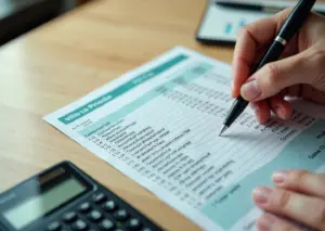 Рука держит квитанцию за ЖКУ с выделенными строками и сокращениями на фоне калькулятора и ручки