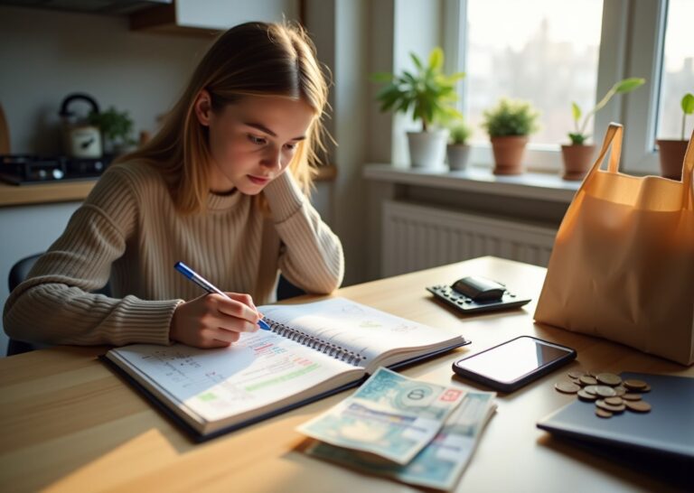Человек за столом с ноутбуком, блокнотом, калькулятором, продуктами с ценниками и смартфоном с приложением для учёта расходов