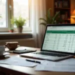 Уютный домашний офис с ноутбуком, на экране которого шаблон бюджета в Excel, калькулятор и записки для планирования расходов
