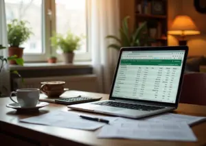 Уютный домашний офис с ноутбуком, на экране которого шаблон бюджета в Excel, калькулятор и записки для планирования расходов