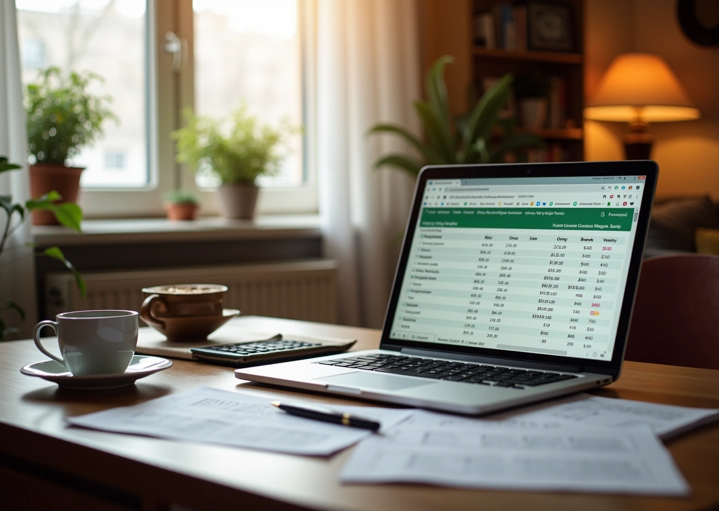 Уютный домашний офис с ноутбуком, на экране которого шаблон бюджета в Excel, калькулятор и записки для планирования расходов