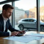 Человек рассчитывает расходы по автокредиту с калькулятором и документами на столе, на фоне автомобиль и городской пейзаж России