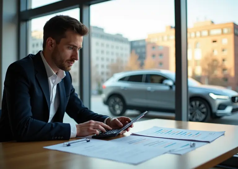 Человек рассчитывает расходы по автокредиту с калькулятором и документами на столе, на фоне автомобиль и городской пейзаж России