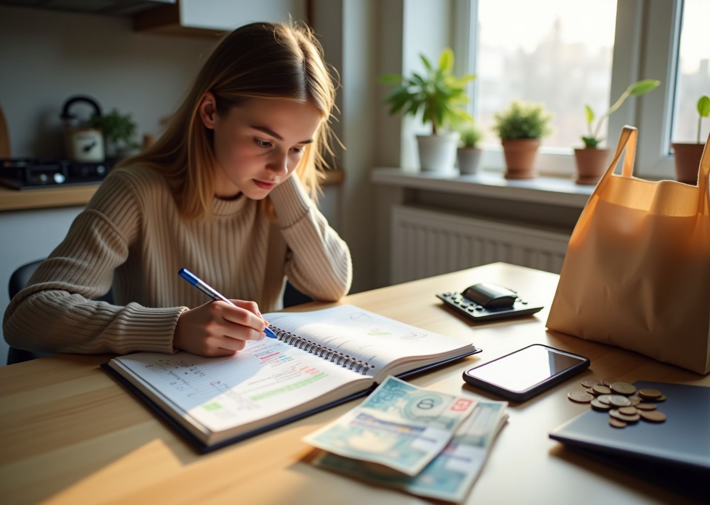 Человек за столом с ноутбуком, блокнотом, калькулятором, продуктами с ценниками и смартфоном с приложением для учёта расходов